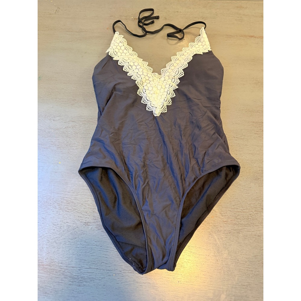 Sea Angel Navy Blue Crochet Lace Trim One Piece Swimsuit Halter Neck Womens M
